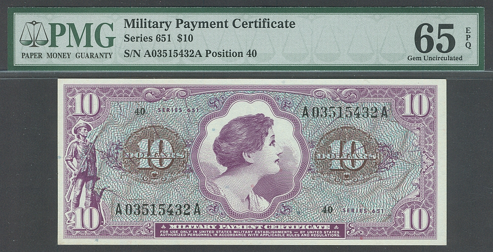 MPC, Series 651, Viet Nam Era $10.00, A03515432A, PMG65-EPQ